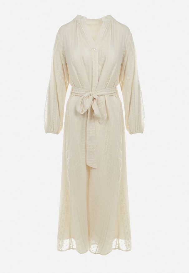 Born2be - Beżowa Koszulowa Sukienka na Guziki z Paskiem Mejia. Kolor: beżowy. Materiał: materiał. Wzór: haft. Typ sukienki: koszulowe