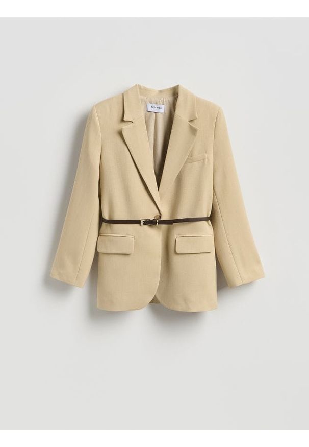Reserved - Marynarka z paskiem - beżowy. Kolor: beżowy. Materiał: wiskoza, tkanina
