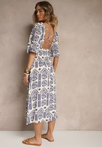 Renee - Niebiesko-Kremowa Sukienka Boho Rozkloszowana z Wiskozy z Odkrytymi Plecami Tuvria. Okazja: na co dzień. Typ kołnierza: dekolt w kształcie V. Kolor: niebieski. Materiał: wiskoza. Typ sukienki: rozkloszowane. Styl: boho