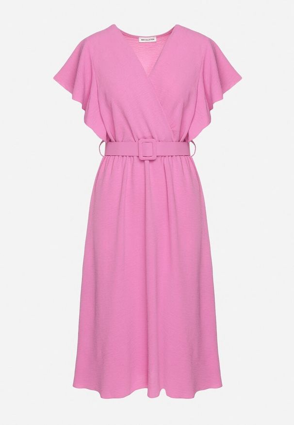 Born2be - Różowa Sukienka z Kopertowym Dekoltem i Paskiem Sizue. Kolor: różowy. Typ sukienki: kopertowe