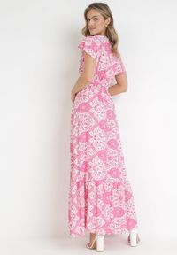 Born2be - Fuksjowa Rozkloszowana Sukienka Maxi z Wiązanym Paskiem Aziza. Typ kołnierza: dekolt kopertowy. Kolor: różowy. Materiał: tkanina, bawełna. Typ sukienki: kopertowe. Długość: maxi #4