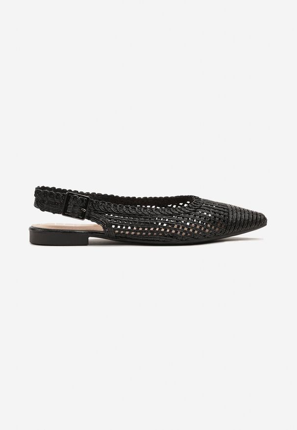 Born2be - Czarne Sandały Slingback z Noskiem w Szpic z Ażurowej Plecionki Tillirune. Okazja: na co dzień. Kolor: czarny. Materiał: jedwab, len. Wzór: ażurowy. Obcas: na obcasie. Styl: casual, elegancki. Wysokość obcasa: niski