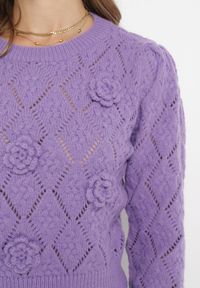 Born2be - Fioletowy Sweter z Aplikacją 3D w Kształcie Kwiatów Trismos. Kolor: fioletowy. Wzór: aplikacja, kwiaty. Styl: klasyczny