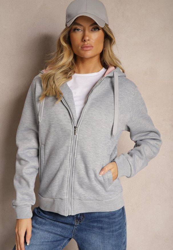 Renee - Szara Bluza Rozpinana z Dodatkiem Bawełny Ozdobiona Kontrastowym Kapturem Arstoia. Okazja: na co dzień. Kolor: szary. Materiał: bawełna. Długość rękawa: długi rękaw. Długość: długie. Wzór: aplikacja. Styl: sportowy, elegancki, casual