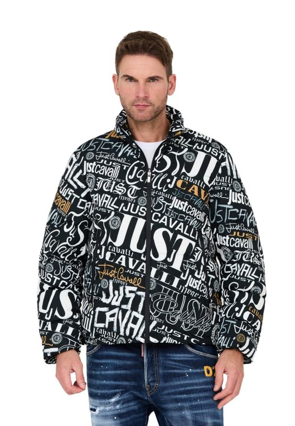 Just Cavalli - JUST CAVALLI Czarna męska kurtka Print Lettering, Rozmiar 50. Kolor: czarny. Wzór: nadruk