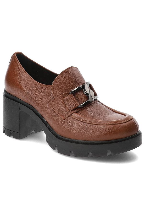 Brązowe Półbuty Lemar Damskie Wygodne Obuwie. Kolor: brązowy. Materiał: skóra. Wzór: aplikacja. Obcas: na obcasie. Styl: elegancki. Wysokość obcasa: średni