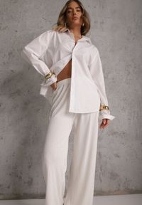 Renee - Białe Spodnie z Bawełną o Szerokim Kroju z Cyrkoniami Azirene. Okazja: na co dzień. Kolor: biały. Materiał: bawełna. Styl: casual #4