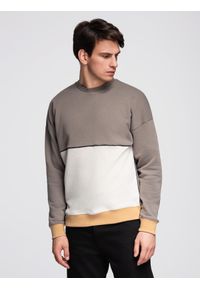 Ombre Clothing - Bluza męska OVERSIZE z kontrastowym łączeniem kolorów - khaki V7. Kolor: brązowy. Materiał: bawełna, poliester, materiał. Wzór: aplikacja