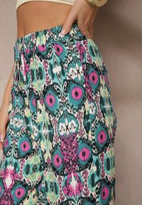 Renee - Zielono-Różowe Bawełniane Spodnie High Waist Szerokie we Wzór Boho Tolioria. Okazja: do pracy, na co dzień. Stan: podwyższony. Kolor: zielony. Materiał: bawełna. Styl: boho #4
