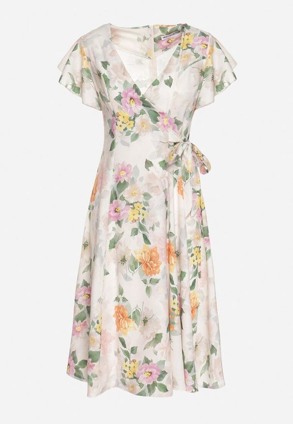 Born2be - Beżowa Kwiatowa Sukienka z Kopertowym Dekoltem Atorina. Okazja: na co dzień, do pracy, na spotkanie biznesowe. Typ kołnierza: dekolt kopertowy. Kolor: beżowy. Wzór: kwiaty. Typ sukienki: kopertowe. Styl: biznesowy, casual