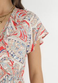 Born2be - Czerwona Sukienka z Wiskozy w Etno Wzór z Gumką w Talii Munira. Kolor: czerwony. Materiał: wiskoza. Styl: etno #2