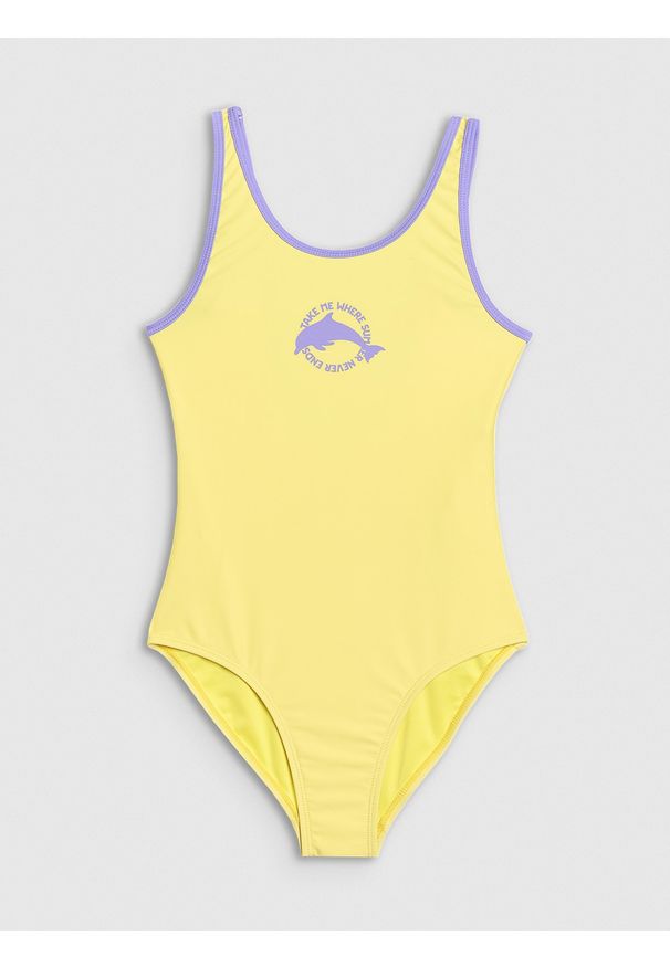 4f - 4F Kostium kąpielowy jednoczęściowy dziewczęcy - żółty 146/152 (10-12 lat). Kolor: żółty. Materiał: włókno, syntetyk, materiał, elastan. Wzór: napisy, nadruk