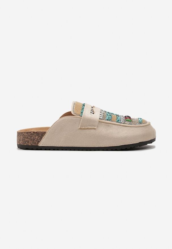 Born2be - Beżowe Klapki Mule na Korkowej Podeszwie Ozdobione Koralikami Enoria. Kolor: beżowy. Wzór: aplikacja. Styl: boho, wakacyjny