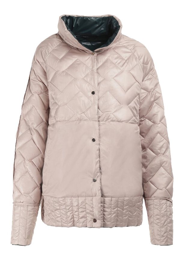 Born2be - Ciemnozielona Kurtka Dwustronna Hypsora. Typ kołnierza: kołnierzyk stójkowy. Kolekcja: plus size. Kolor: zielony. Materiał: tkanina. Długość rękawa: długi rękaw. Długość: długie. Wzór: aplikacja, geometria, jednolity