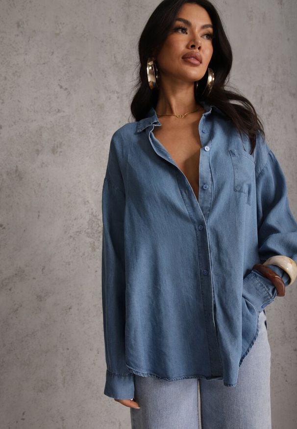 Renee - Niebieska Denimowa Koszula z Bawełną i Kieszonką Worimi. Okazja: na co dzień. Kolor: niebieski. Materiał: bawełna. Sezon: wiosna. Styl: casual