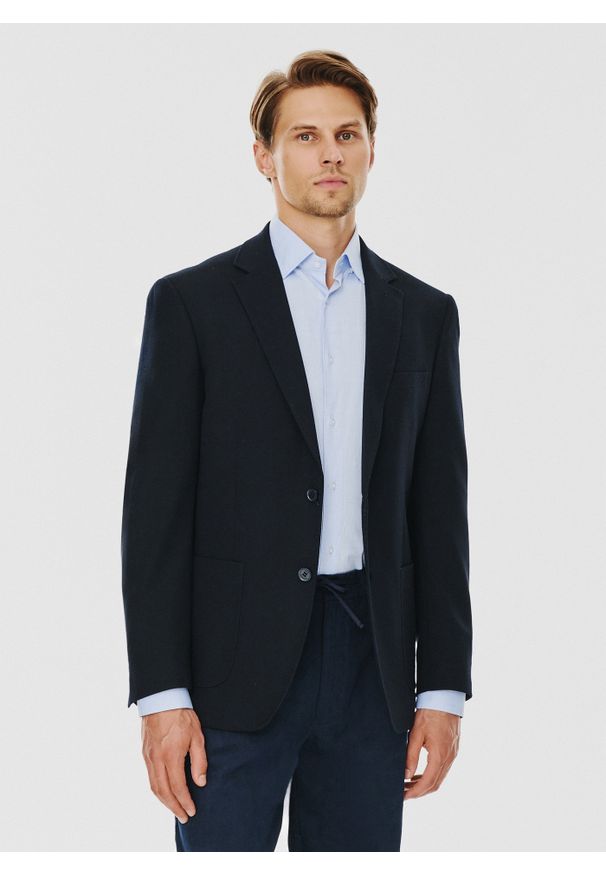 Pako Lorente - PAKO LORENTE – Casualowa marynarka męska w kolorze granatowym. Okazja: na co dzień. Kolor: niebieski. Materiał: wiskoza, nylon, elastan, dzianina. Styl: casual