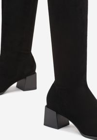 Born2be - Czarne Kozaki na Obcasie Z Dopasowaną Cholewką Haimela. Okazja: do pracy, na co dzień. Zapięcie: zamek. Kolor: czarny. Materiał: jeans, dzianina. Szerokość cholewki: normalna. Obcas: na obcasie. Styl: casual, elegancki. Wysokość obcasa: średni