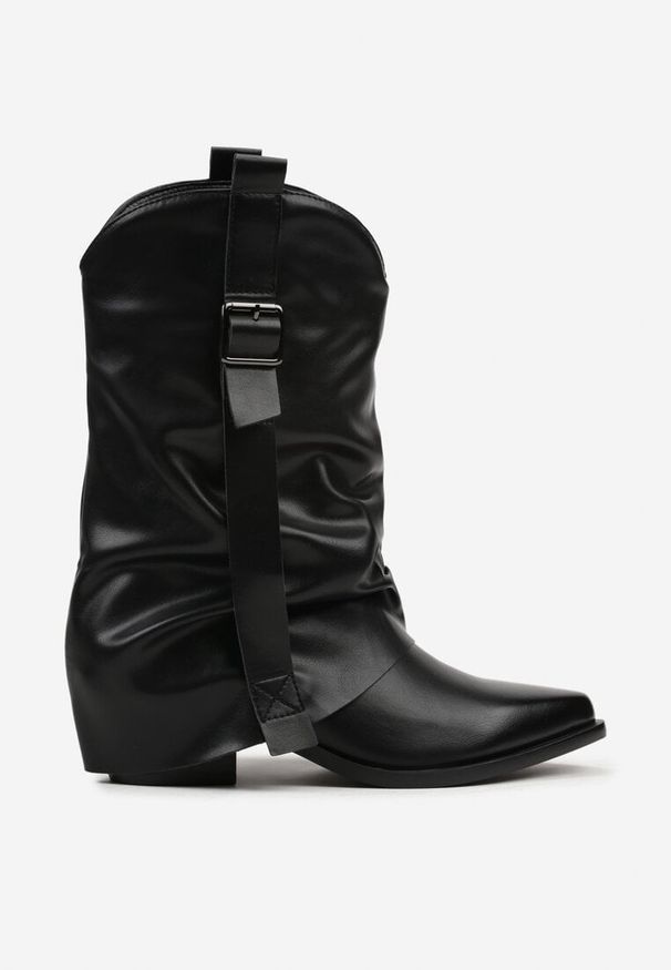 Renee - Czarne Botki Kowbojki z Wywiniętą Cholewką z Marszczeniem Ilova. Okazja: na co dzień. Kolor: czarny. Materiał: zamsz. Szerokość cholewki: normalna. Wzór: aplikacja. Obcas: na obcasie. Styl: casual, elegancki. Wysokość obcasa: średni