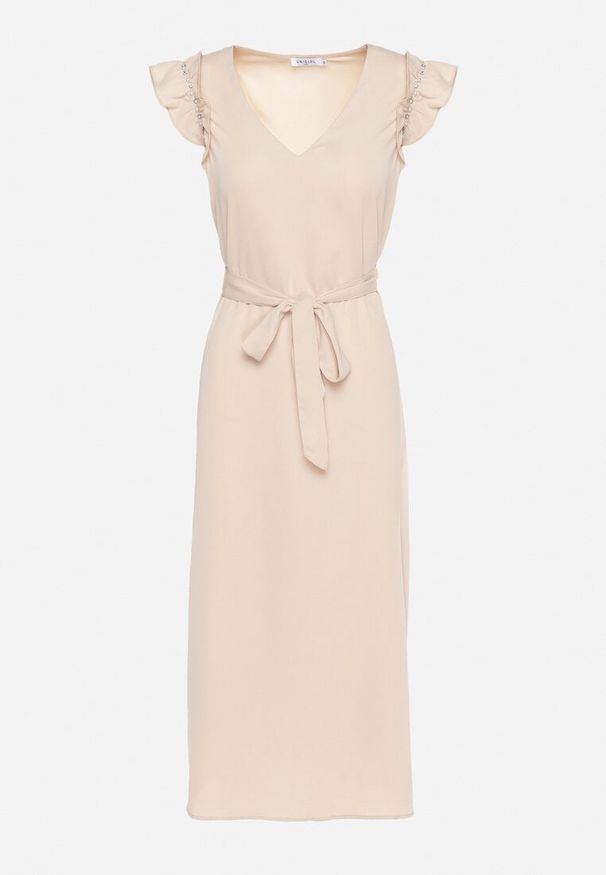 Born2be - Beżowa Sukienka Wiązana w Pasie z Rękawem z Falbanką z Rozcięciami i Cyrkoniami Fernesta. Okazja: do pracy. Typ kołnierza: kołnierz z falbankami. Kolor: beżowy. Wzór: aplikacja. Styl: elegancki, wizytowy