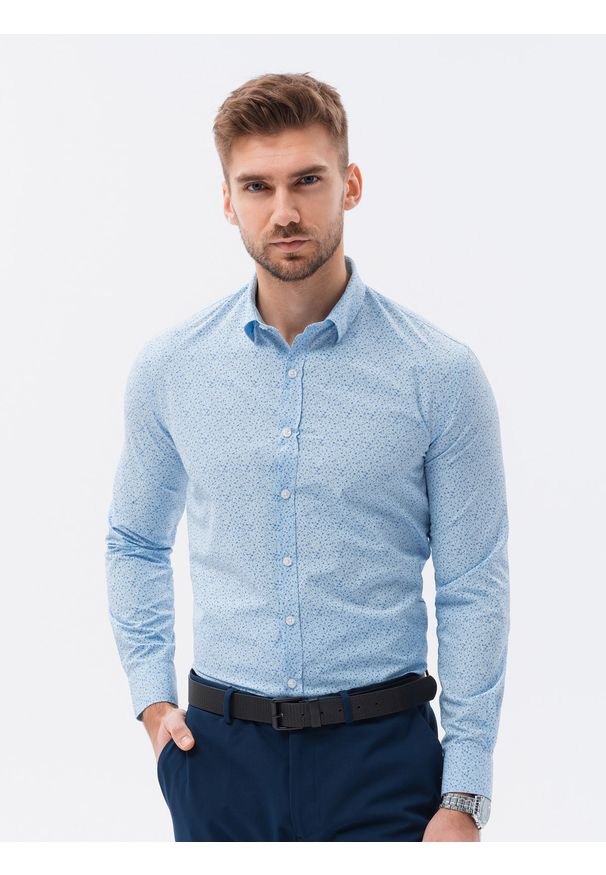 Ombre Clothing - Koszula męska z długim rękawem w mikro wzór - błękitna V3. Kolor: niebieski. Materiał: poliester, bawełna. Długość rękawa: długi rękaw. Długość: długie. Wzór: nadruk