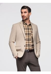 Ombre Clothing - Elegancka męska marynarka SLIM FIT z rayonem – beżowa V2 - Rozmiar: XL. Kolor: beżowy. Materiał: tkanina, poliester, materiał. Wzór: ze splotem. Styl: elegancki