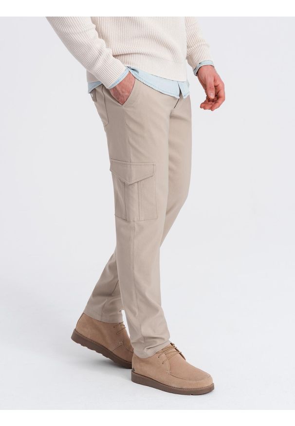 Ombre Clothing - Spodnie męskie materiałowe REGULAR z kieszeniami cargo - beżowe V3 - Rozmiar: L. Kolor: beżowy. Materiał: materiał