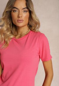 Renee - Fuksjowy T-shirt Koszulka z Krótkim Rękawem i Okrągłym Dekoltem Tiarella. Kolor: różowy. Materiał: jeans. Długość rękawa: krótki rękaw. Długość: krótkie. Wzór: aplikacja. Styl: klasyczny, elegancki