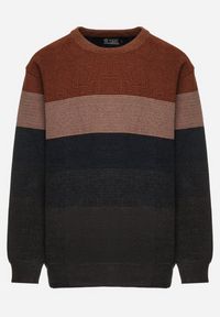 Born2be - Brązowo-Granatowy Sweter z Wełną w Paski Ettarine. Okazja: na co dzień. Kolekcja: plus size. Kolor: brązowy. Materiał: wełna. Wzór: paski. Styl: klasyczny, casual, elegancki