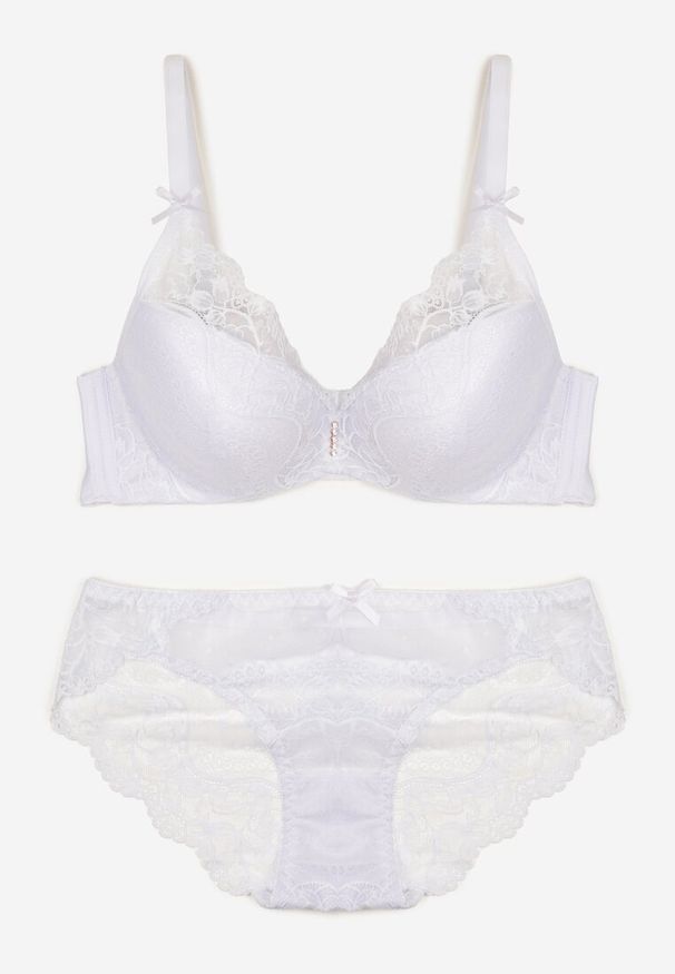 Born2be - Biały Komplet z Ozdobnej Koronki Biustonosz Full Cup i Majtki Figi Afisa. Kolor: biały. Materiał: koronka. Wzór: koronka