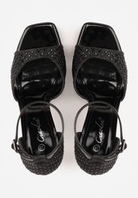 Renee - Czarne Cyrkoniowe Sandały na Szpilce z Kwadratowym Noskiem Sororia. Okazja: na imprezę. Kolor: czarny. Materiał: skóra. Wzór: aplikacja. Obcas: na szpilce. Styl: glamour, elegancki #2