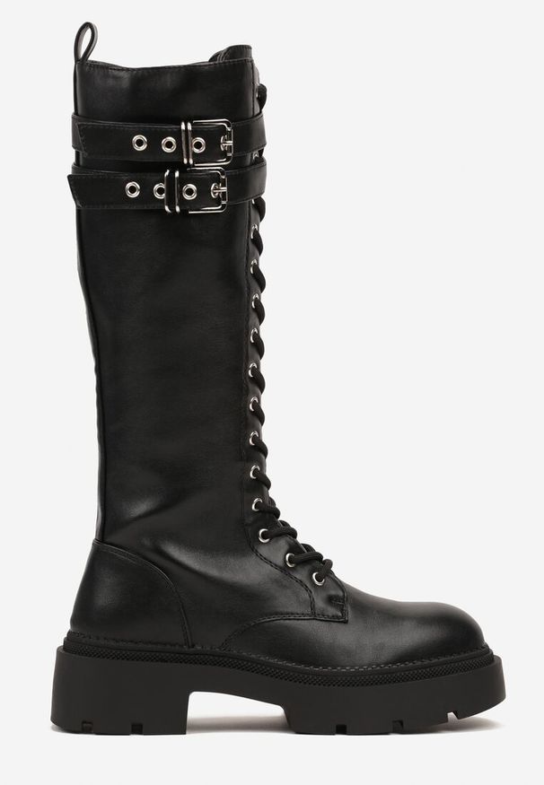 Renee - Czarne Sznurowane Kozaki na Platformie w Stylu Workerów z Paskami i Klamrami Asintoria. Okazja: na co dzień. Zapięcie: klamry. Kolor: czarny. Materiał: jeans. Sezon: wiosna, jesień. Obcas: na platformie. Styl: casual, elegancki