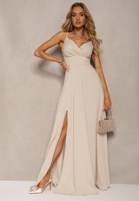 Renee - Beżowa Elegancka Sukienka o Rozkloszowanym Kroju z Rozcięciem na Ramiączkach z Kopertowym Dekoltem Winelia. Typ kołnierza: dekolt kopertowy. Kolor: beżowy. Długość rękawa: na ramiączkach. Typ sukienki: kopertowe. Styl: elegancki
