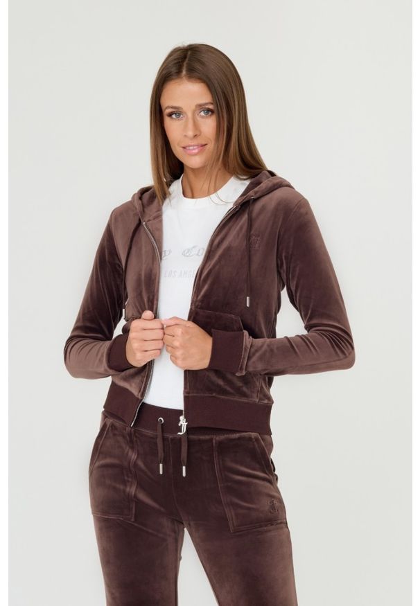 Juicy Couture - JUICY COUTURE Brązowa damska bluza Robertson, Rozmiar S. Kolor: brązowy. Materiał: welur, poliester, materiał. Wzór: haft