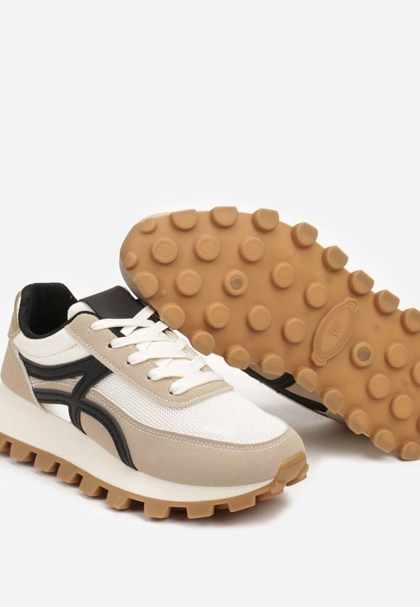 Renee - Ciemnobeżowe Sneakersy z Szerokim Bieżnikiem i Sznurowaniem Timatara. Kolor: beżowy. Materiał: jeans