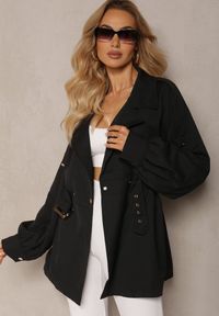 Renee - Czarny Płaszcz o Krótkim Fasonie z Paskiem i Elastyczną Talią oraz Bufiastymi Rękawami Pathia. Okazja: na spotkanie biznesowe. Kolor: czarny. Materiał: jeans. Długość: krótkie. Styl: elegancki, biznesowy #5
