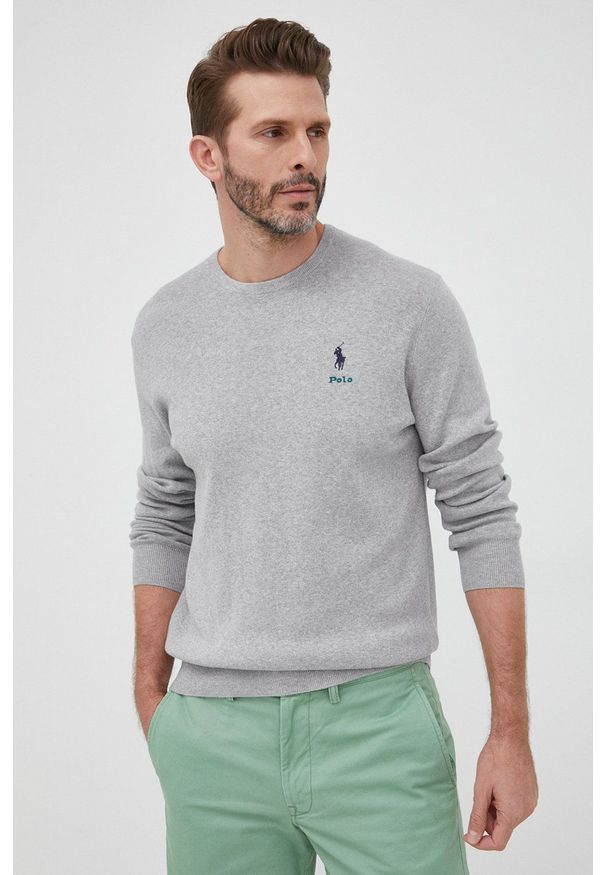 Polo Ralph Lauren sweter bawełniany męski kolor szary lekki. Typ kołnierza: polo. Kolor: szary. Materiał: bawełna. Długość rękawa: długi rękaw. Długość: długie