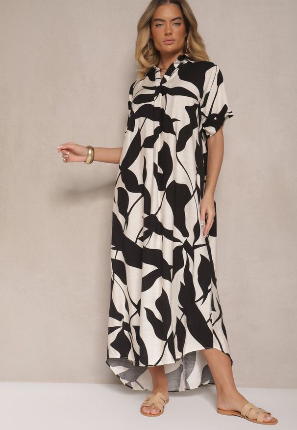 Renee - Czarna Rozkloszowana Sukienka w Abstrakcyjny Wzór z Bawełną Telianiela. Typ kołnierza: dekolt w serek. Kolor: czarny. Materiał: bawełna. Długość rękawa: krótki rękaw. Sezon: lato