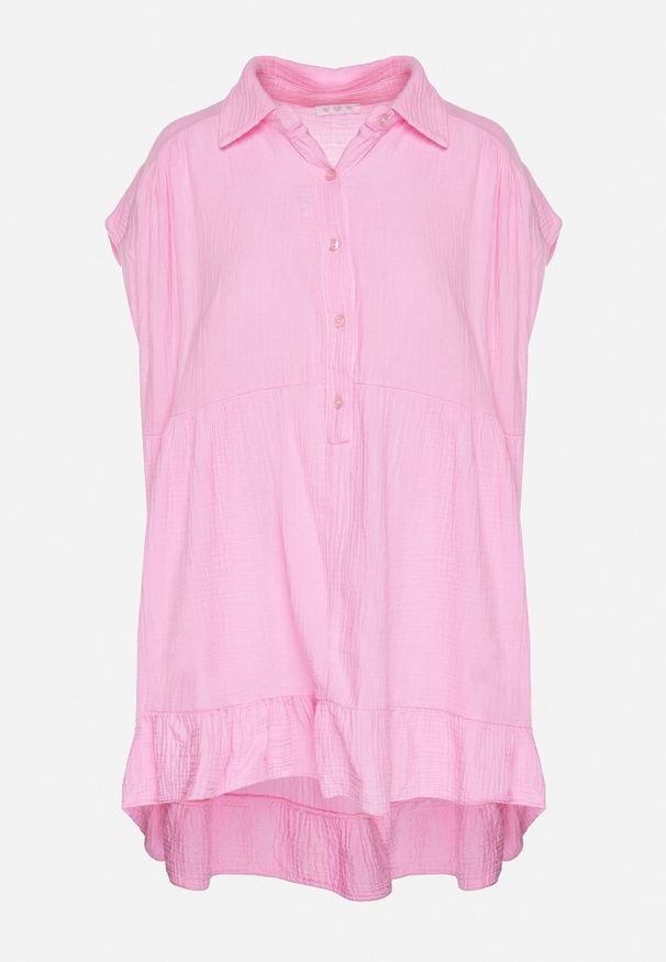 Born2be - Różowa Koszula Ozdobiona Falbanką Novelissa. Okazja: na co dzień. Typ kołnierza: kołnierzyk klasyczny. Kolor: różowy. Materiał: jeans. Długość rękawa: krótki rękaw. Długość: krótkie. Wzór: aplikacja. Styl: elegancki, casual, klasyczny