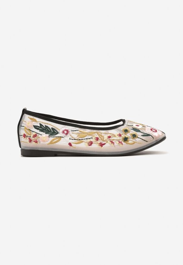 Renee - Czarne Haftowane Balerinki z Siateczki z Kwiatowym Motywem Feviane. Kolor: czarny. Materiał: jeans. Wzór: kwiaty, haft
