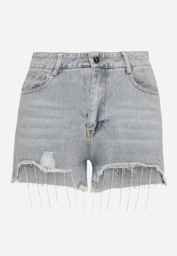 Born2be - Jasnoniebieskie Bawełniane Szorty Jeansowe z Wysokim Stanem i Cyrkoniami Noemelba. Okazja: na co dzień. Stan: podwyższony. Kolor: niebieski. Materiał: bawełna, jeans. Wzór: aplikacja. Styl: klasyczny, casual