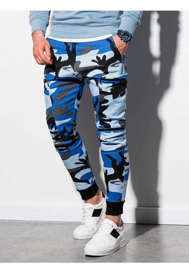 Ombre Clothing - Spodnie męskie joggery P997 - moro/niebieskie - XXL. Kolor: niebieski. Materiał: bawełna, elastan. Wzór: moro