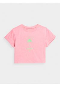 4F JUNIOR - T-shirt crop top z nadrukiem dziewczęcy. Kolor: różowy. Materiał: dzianina, bawełna. Wzór: nadruk #1