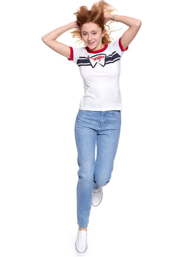 Wrangler - WRANGLER T SHIRT DAMSKI RINGER TEE WHITE W710SEV12 112130909. Wzór: nadruk