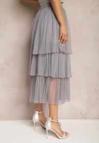 Renee - Szara Tiulowa Spódnica Rozkloszowana z Plisowaniem High Waist Eveleena. Stan: podwyższony. Kolor: szary. Materiał: tiul. Styl: wizytowy #3