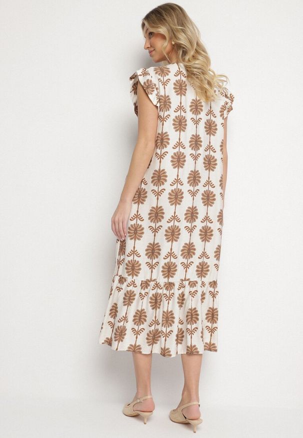 Born2be - Biało-Beżowa Kwiatowa Sukienka z Bawełną i Falbanką Efanelia. Okazja: na spacer, na imprezę. Typ kołnierza: dekolt w serek. Kolor: beżowy. Materiał: bawełna. Wzór: kwiaty. Sezon: wiosna, lato. Typ sukienki: proste. Styl: elegancki