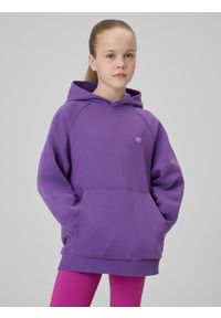 4f - 4F Bluza dresowa loose z kapturem dziewczęca - fioletowa 158/164 (12-14 lat). Okazja: na co dzień, na spacer, na uczelnię. Typ kołnierza: kaptur. Kolor: fioletowy. Materiał: dresówka. Długość rękawa: raglanowy rękaw. Sezon: lato. Styl: casual #2