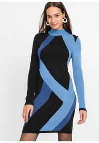 bonprix - Żakardowa sukienka dzianinowa w modne paski. Kolor: niebieski. Materiał: dzianina, żakard. Wzór: paski. Styl: elegancki #1