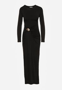 Born2be - Czarna Taliowana Sukienka o Eleganckim Kroju z Marszczeniem i Aplikacją Sewedina. Okazja: na imprezę. Kolor: czarny. Materiał: futro. Długość rękawa: długi rękaw. Wzór: aplikacja. Typ sukienki: dopasowane. Styl: elegancki #2