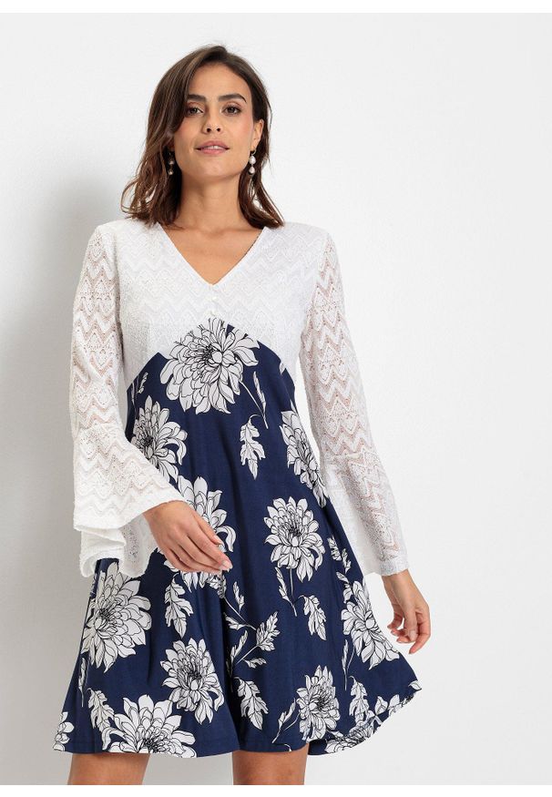 bonprix - Rozkloszowana sukienka z dżerseju. Kolor: beżowy. Materiał: jersey. Wzór: aplikacja, nadruk. Styl: boho