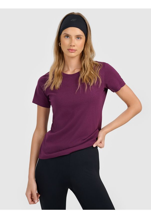4f - 4F T-shirt regular gładki damski - fioletowy M. Okazja: na co dzień. Kolor: fioletowy. Materiał: jersey, bawełna, dzianina. Długość rękawa: krótki rękaw. Długość: krótkie. Wzór: gładki. Sezon: lato. Styl: sportowy, klasyczny, casual